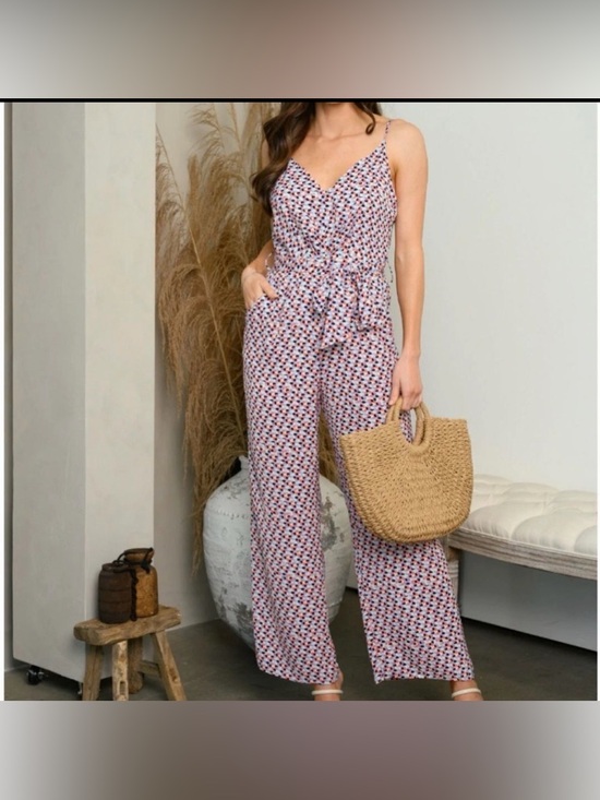 ambition Pants - NWT Ambition Pink & Blue Printed Spaghetti-Strap Jumpsuit size Medium🌟🌸😎